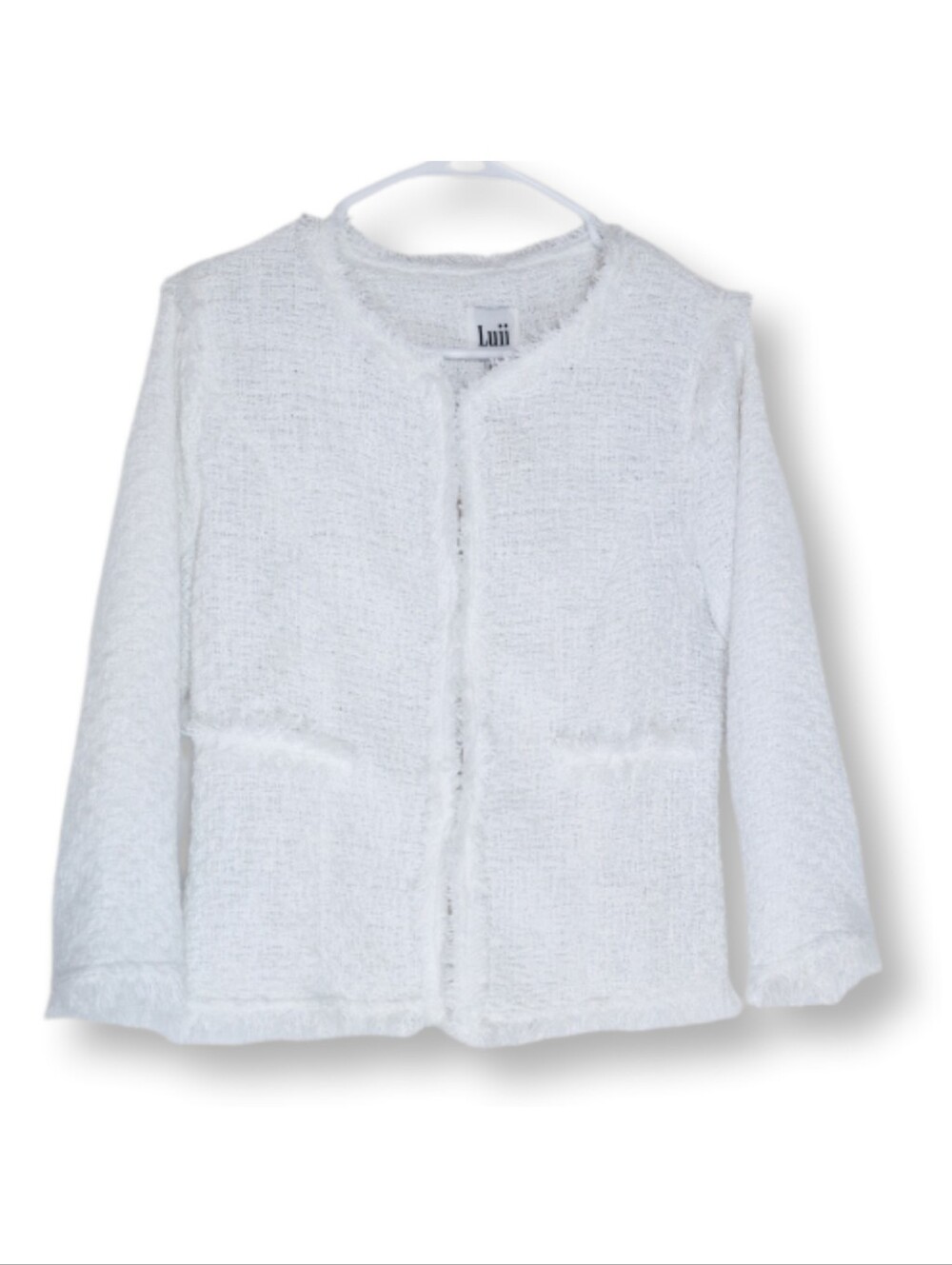 NWT Luii White Fringe-Trim Basket Weave Jacket Open Cardigan Size M | Boho Chic